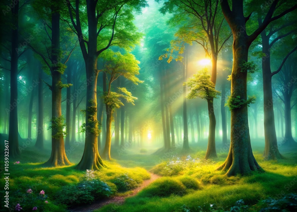 Obraz premium Enchanted Forest with Glowing Lights and Fog at Dusk