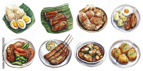 Set watercolor Indonesian bali foods cuisine design resources elements isolated on transparent background