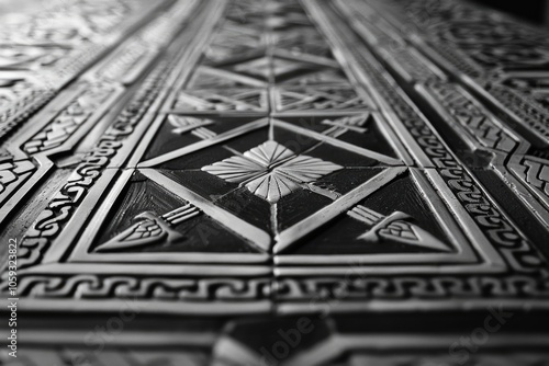 An image of a tiled surface with intricate, hand-carved designs. The artistry and craftsmanship are showcased in the richness of the pattern. photo