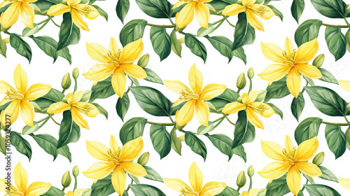 Fototapeta Naklejka Na Ścianę i Meble -  Seamless pattern of vibrant ylang ylang yellow tropical flowers and lush green leaves on a clean white background for textile design watercolor illustration