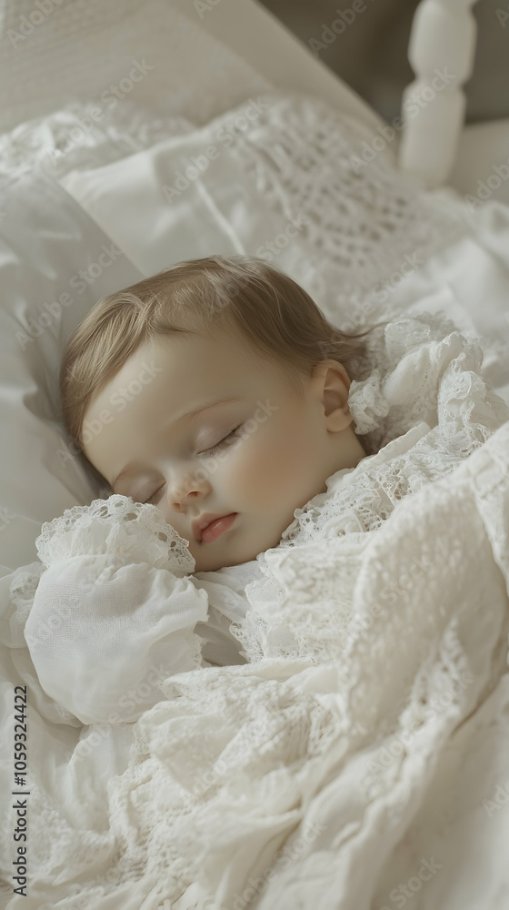 A baby peacefully sleeps in a cozy white bed, embodying innocence and tranquility. A baby peacefully sleeps in a cozy white bed, embodying innocence and tranquility.