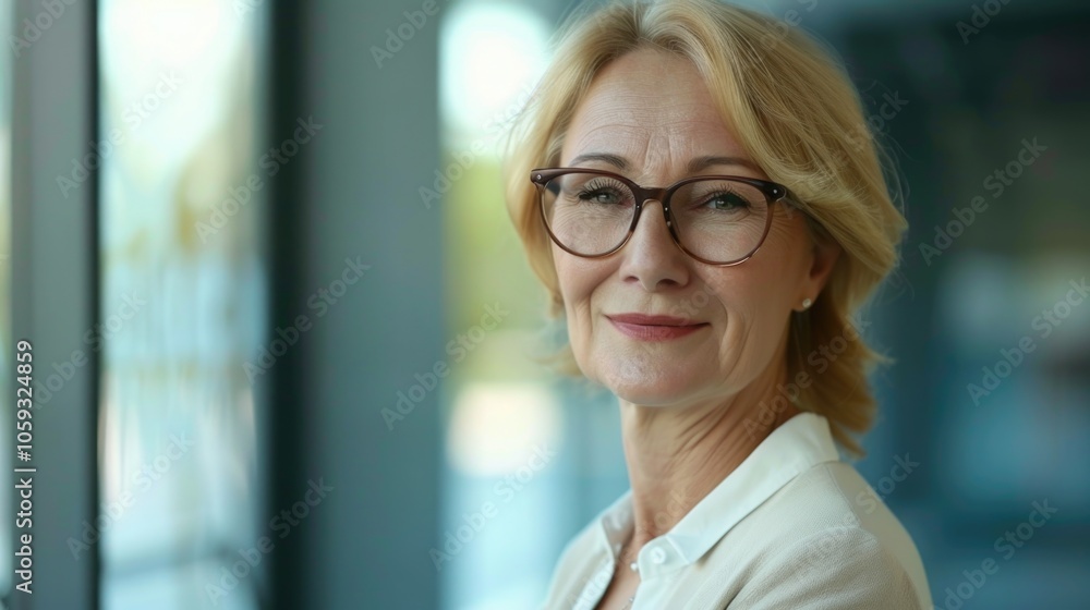 A blonde woman with glasses, wearing business attire and standing confidently in an office setting. A blonde woman with glasses, wearing business attire and standing confidently in an office setting.