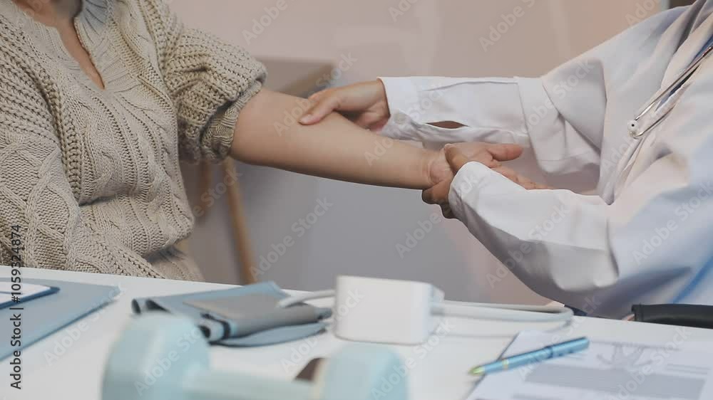 Physical therapist diagnosing patient with painful arm Physical therapist diagnosing patient with painful arm