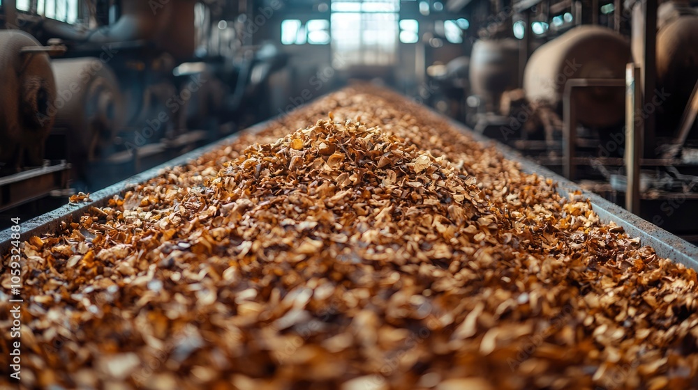 A Conveyor Belt Carrying Brown Flakes in an Industrial Setting A Conveyor Belt Carrying Brown Flakes in an Industrial Setting