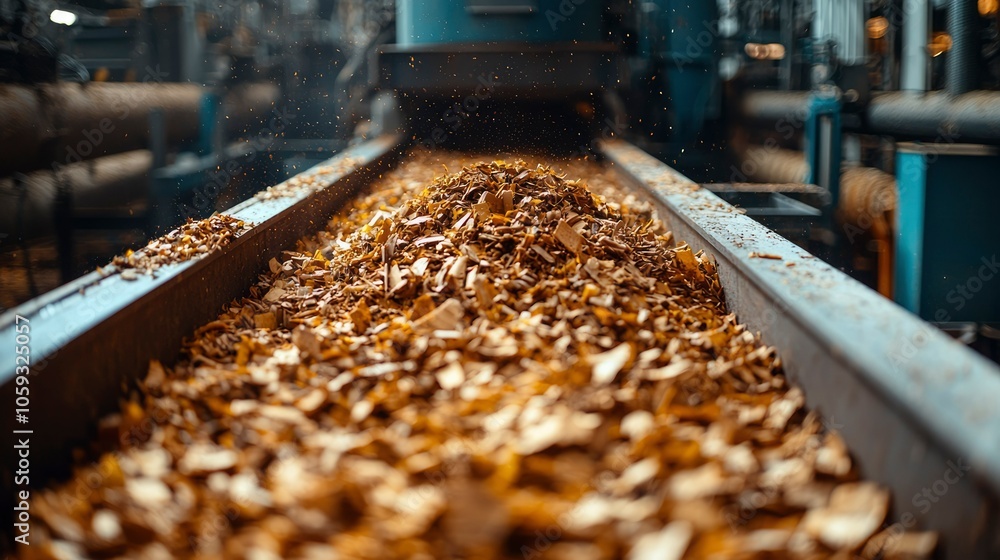 Wood Chips Flowing on a Conveyor Belt in a Factory Wood Chips Flowing on a Conveyor Belt in a Factory