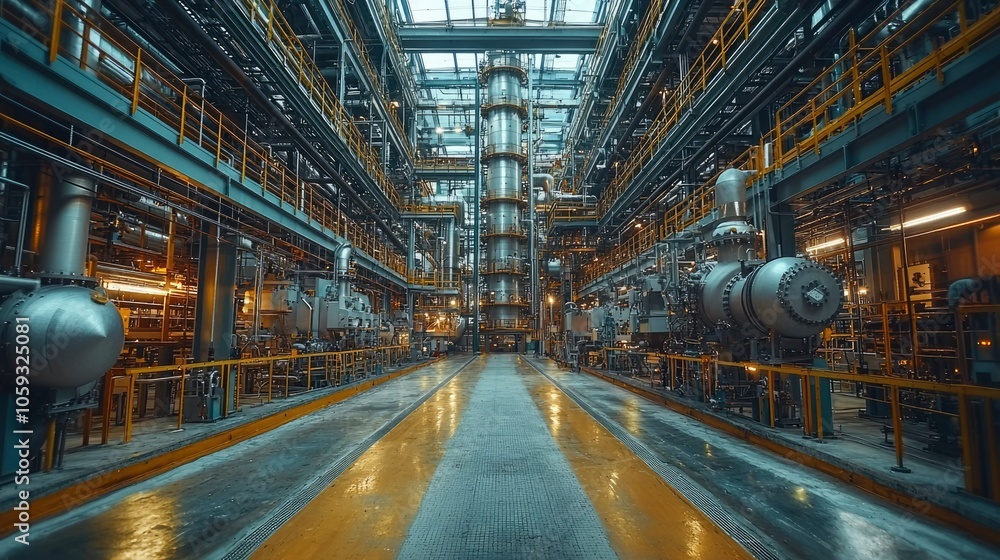 Interior of an Industrial Plant with Complex Piping and Catwalks Interior of an Industrial Plant with Complex Piping and Catwalks