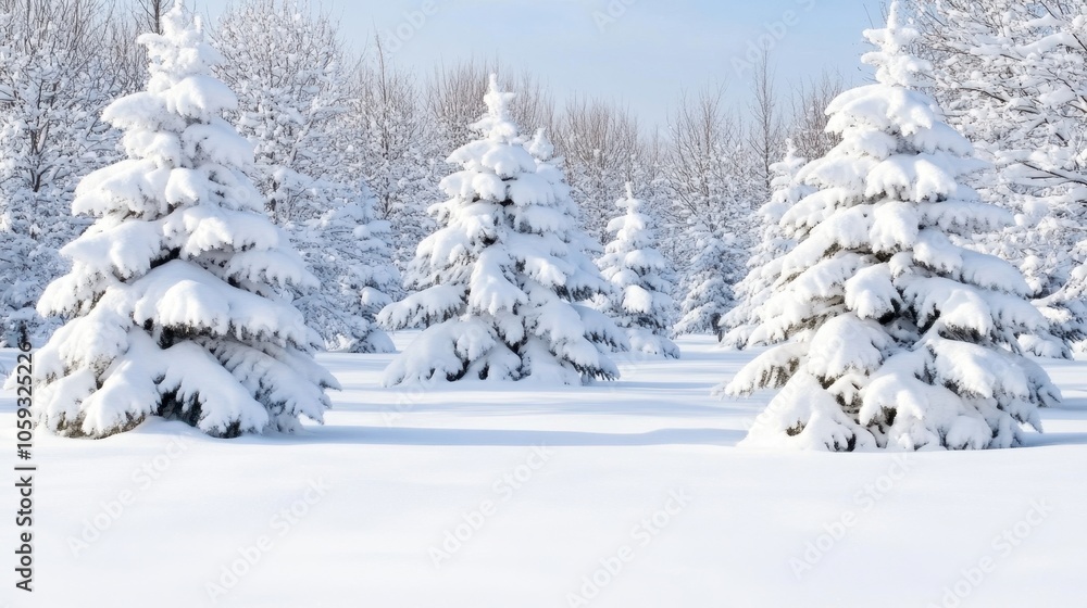 Snowy landscape with several snow-covered evergreen trees in a forest setting Snowy landscape with several snow-covered evergreen trees in a forest setting