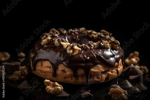 Chocolate donuts with various toppings . Homemade donuts with chocolate glaze toppings.