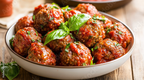 A white bowl filled with meatballs and basil