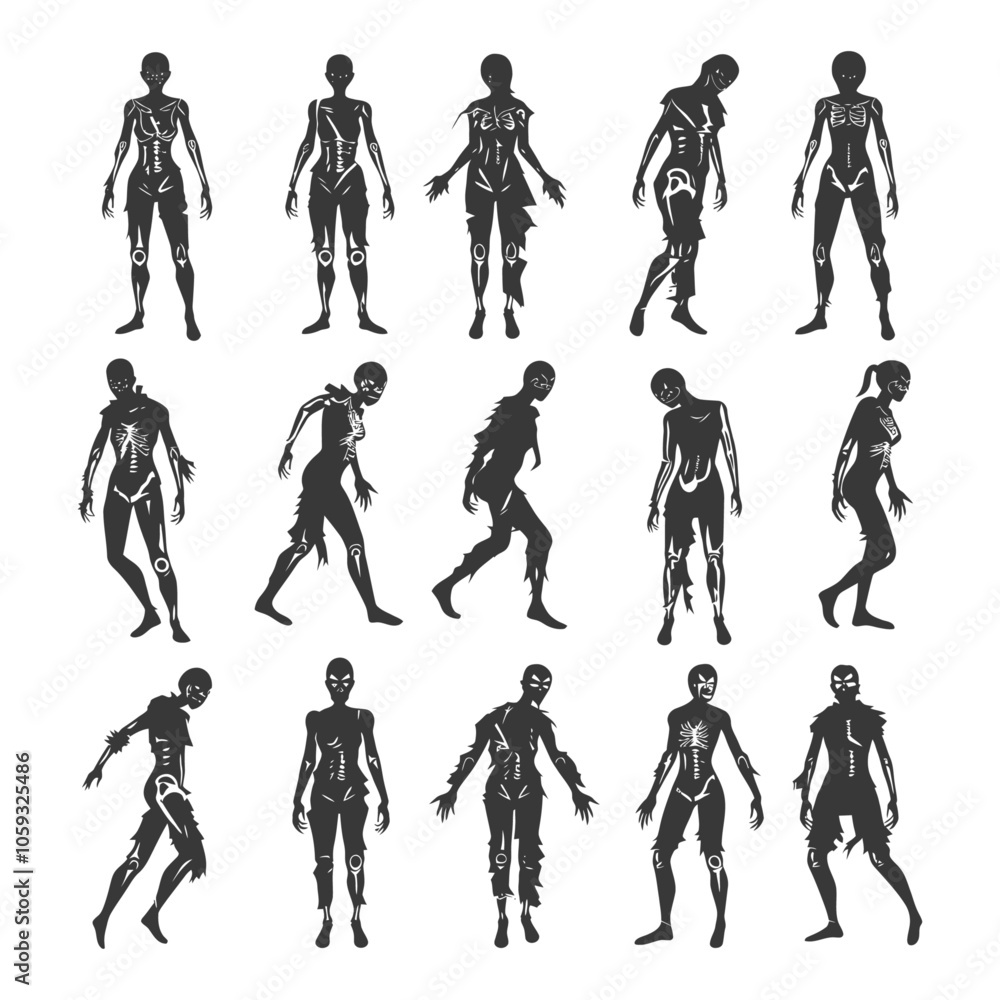 A Collection of 12 Black and White Female Zombie Silhouettes A Collection of 12 Black and White Female Zombie Silhouettes