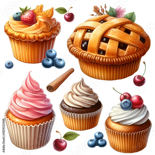 set of cupcakes and pie