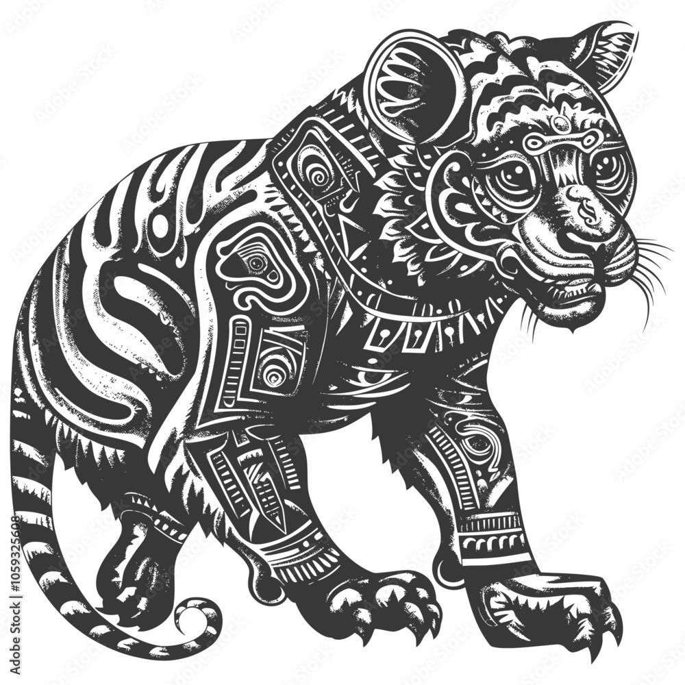 Fototapeta premium Abstract Tribal Style Black and White Illustration of a Tiger Cub