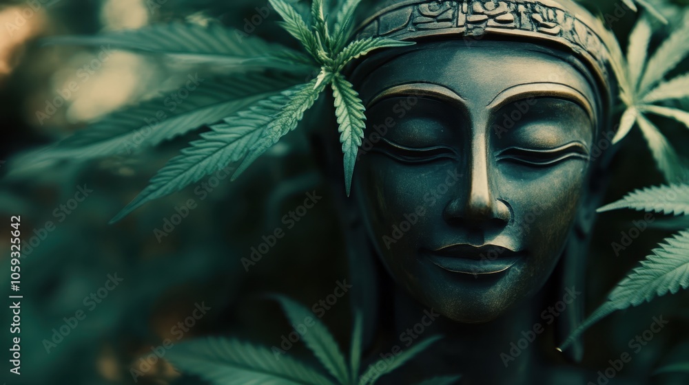 Buddha Statue Surrounded by Cannabis Leaves Buddha Statue Surrounded by Cannabis Leaves