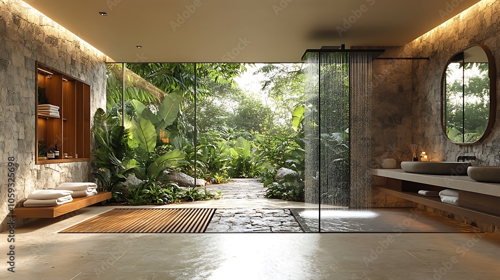Fototapeta premium Modern bathroom with large windows overlooking a lush tropical garden.