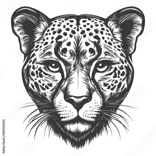 A Close-Up Black and White Illustration of a Leopard's Head