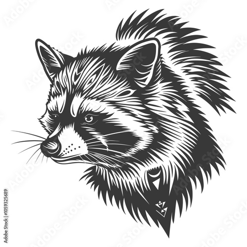 A Close-Up Black and White Illustration of a Raccoon's Head