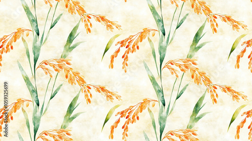 Seamless pattern of vibrant watercolor depicting fresh rice ideal for textile or kitchen decor