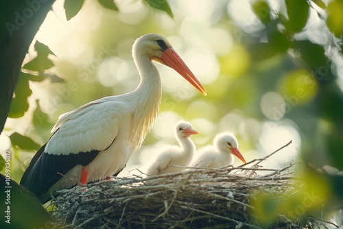 Stork family in nest  newborn bird and mother showcasing wildlife love in nature s embrace photo