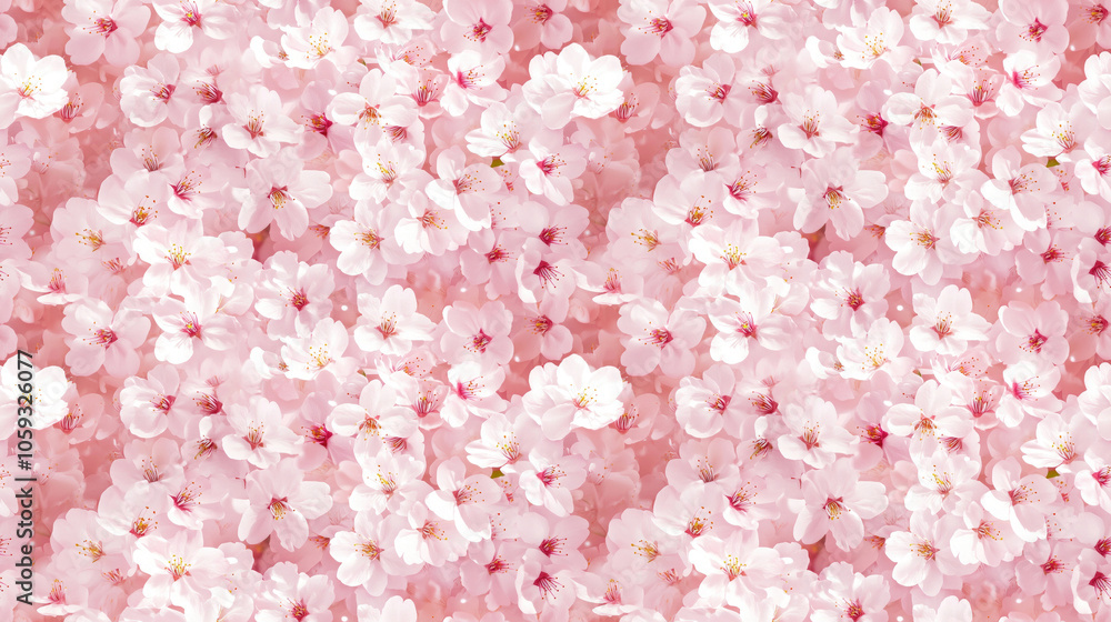 Fototapeta premium Seamless pattern of vibrant cherry blossoms in full bloom with delicate hanafubuki ideal for spring themed designs