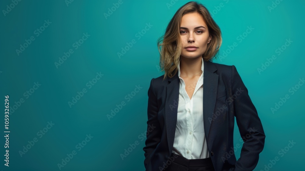 Confident Young Executive in Modern Business Suit Against Teal Background for Professional Design Confident Young Executive in Modern Business Suit Against Teal Background for Professional Design