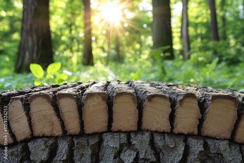 A close-up of tree bark and logs in a forest with sunlight shining through the trees photo