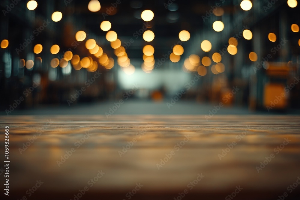 Fototapeta premium Glowing light from ceiling lamps illuminates a factory floor at night.