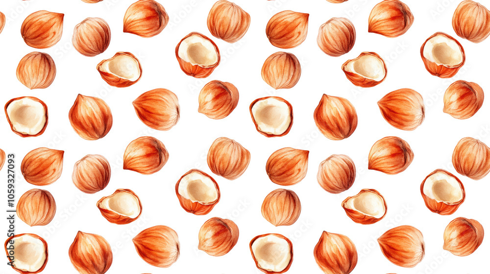 Seamless pattern of watercolor hazelnuts on a crisp white background ideal for fabric design and home decor Seamless pattern of watercolor hazelnuts on a crisp white background ideal for fabric design and home decor