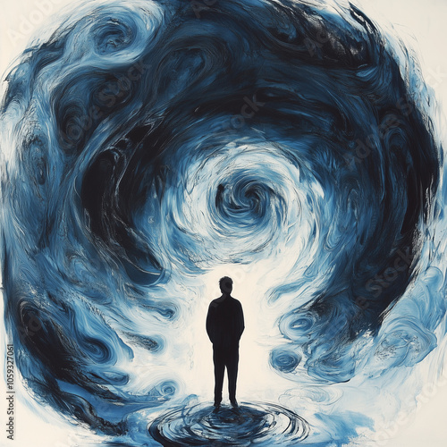  Silhouette of man standing before swirling abstract vortex