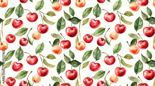 Watercolor cherries and green leaves forming a seamless pattern on a white background ideal for textile design and fresh decor
