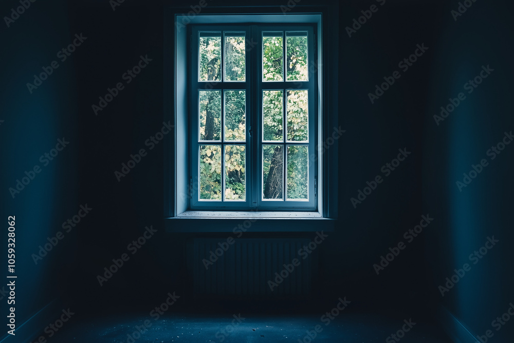 Dark room with single window overlooking green trees Dark room with single window overlooking green trees