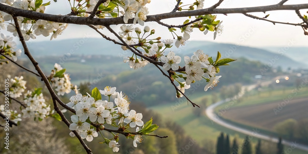 Ethereal Double Exposure of White Flowering Tree Blossoms and Serene Landscape Ethereal Double Exposure of White Flowering Tree Blossoms and Serene Landscape