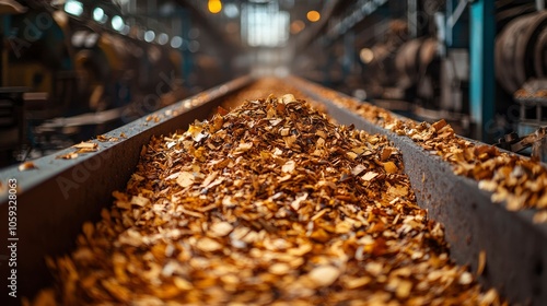 Wood Shavings Conveyor Belt in a Woodworking Factory