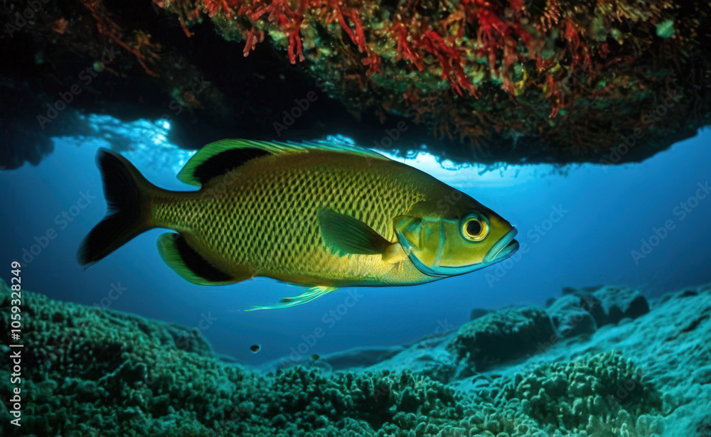 Obraz premium Pez amarillo nadando bajo un saliente rocoso en aguas profundas sobre un arrecife coralino.