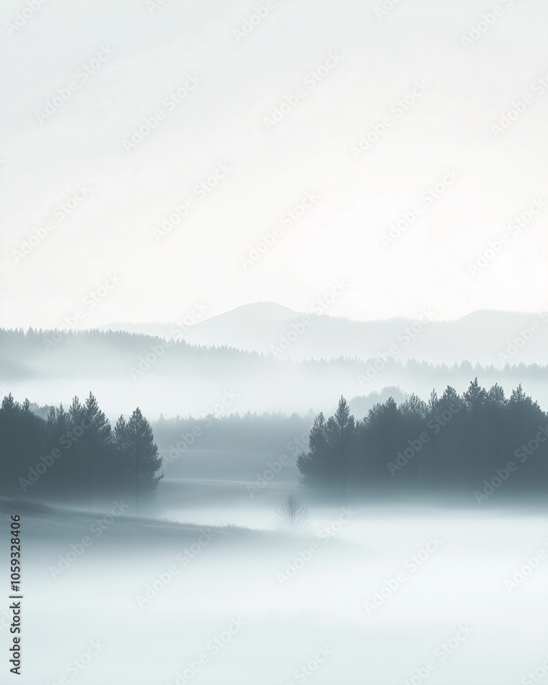 Misty forest landscape with layers of fog and distant hills Misty forest landscape with layers of fog and distant hills