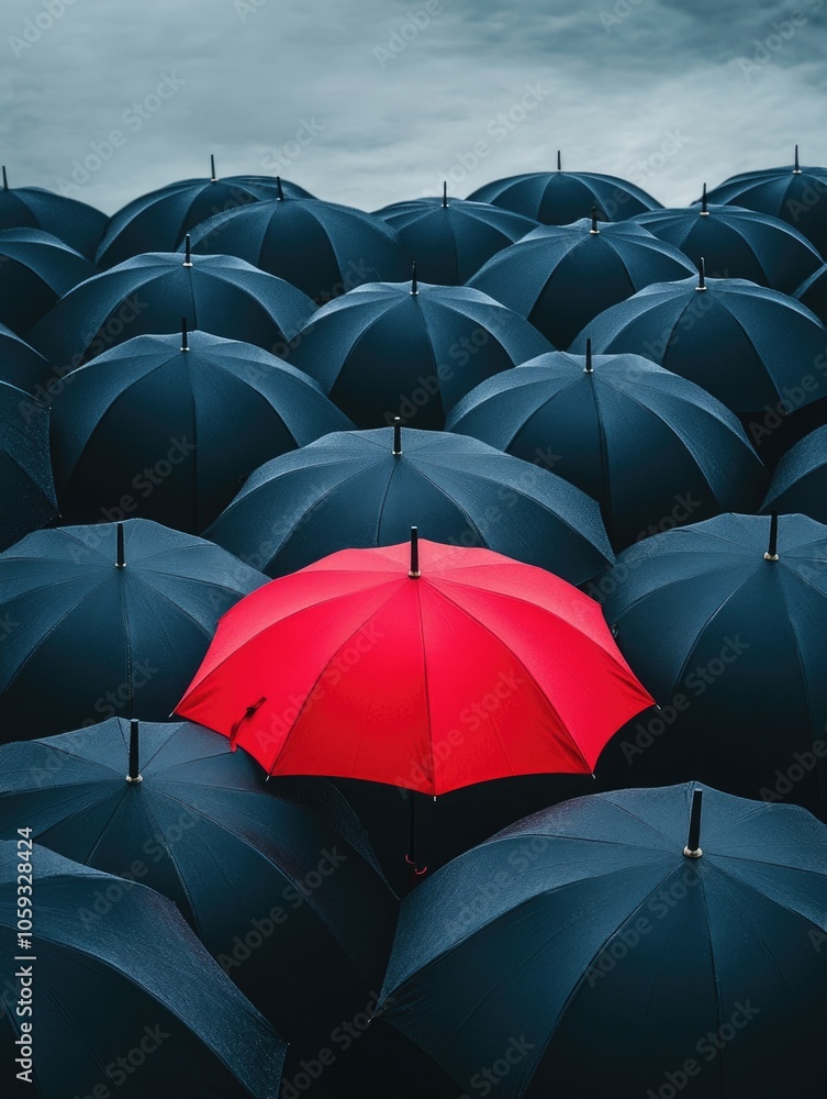 Obraz premium A single red umbrella stands out in a sea of black ones on a rainy day.