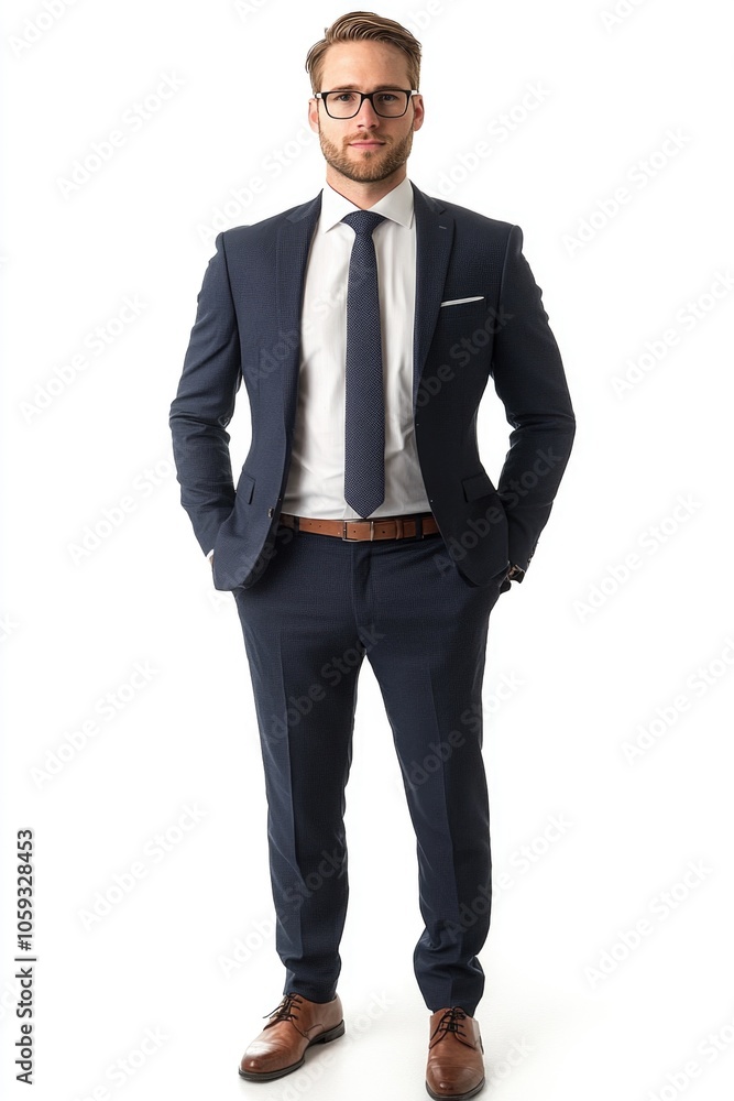 Man in business suit and tie, posing confidently with hands in pockets. Man in business suit and tie, posing confidently with hands in pockets.