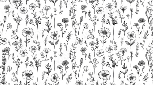 Seamless pattern of hand drawn ink wildflowers and botanical illustrations ideal for social media highlight covers