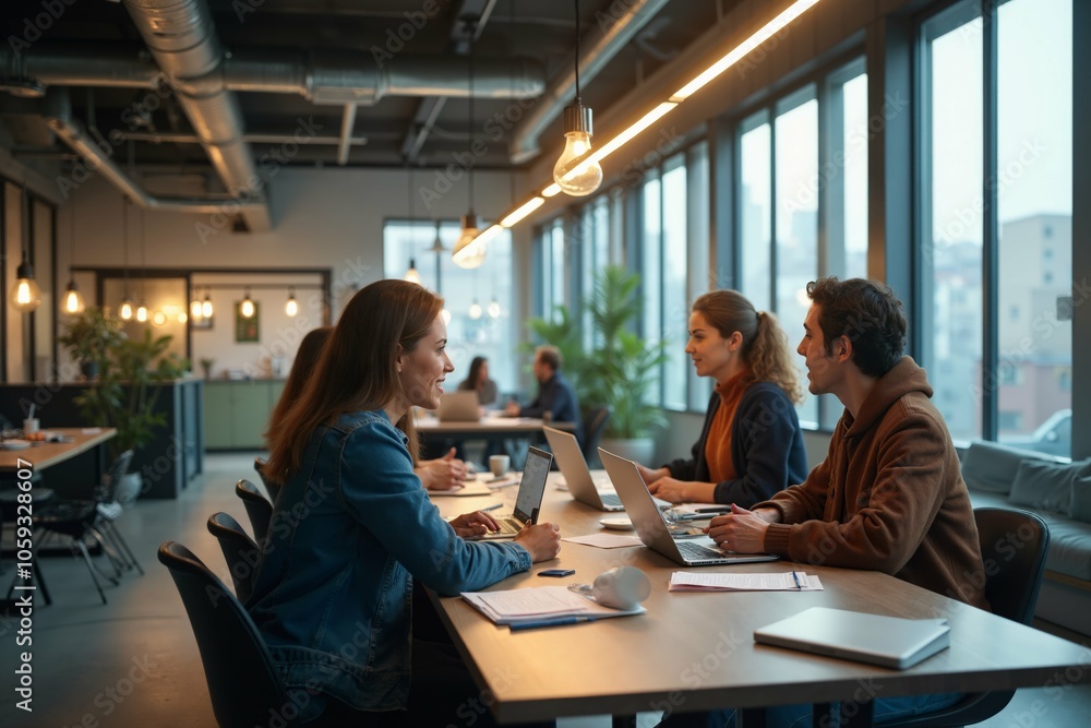 Collaborative team meeting in modern office with laptops and notebooks for effective business strategy planning. Collaborative team meeting in modern office with laptops and notebooks for effective business strategy planning.