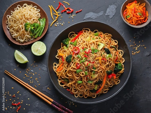 Overhead View of Chow Mein on Slate Background