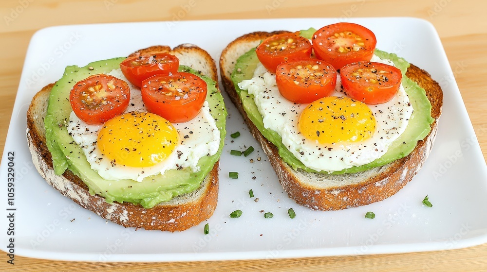 Close-up of creamy avocado spread on toasted artisan bread, garnished with juicy cherry tomatoes and a sprinkle of salt and pepper, perfect for a healthy brunch. Close-up of creamy avocado spread on toasted artisan bread, garnished with juicy cherry tomatoes and a sprinkle of salt and pepper, perfect for a healthy brunch.