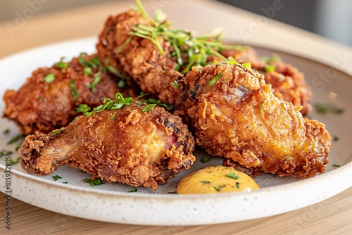 Crispy Fried Chicken with Herb Garnish and Mustard Sauce