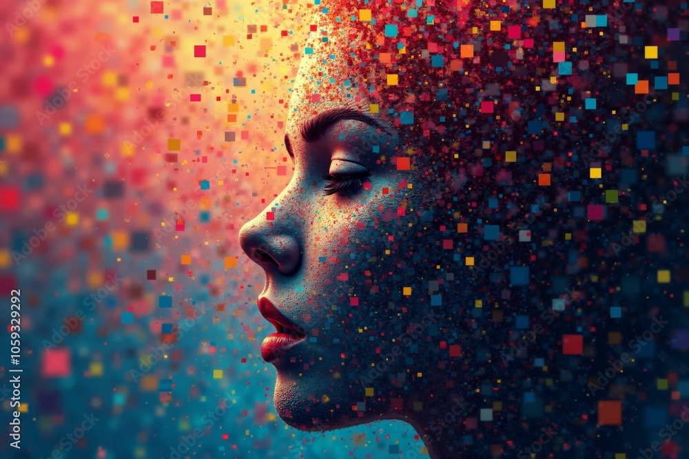 Abstract digital art of woman's profile with colorful pixel dispersion for contemporary design and art projects. Abstract digital art of woman's profile with colorful pixel dispersion for contemporary design and art projects.