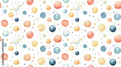 Seamless watercolor pattern featuring cartoon planets of the solar system including Mercury Venus Earth Mars Jupiter Saturn Uranus Neptune and Luna ideal for children s decor and educational materi photo