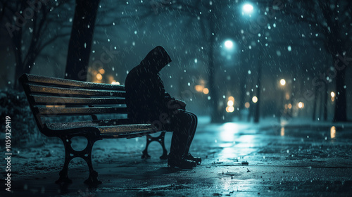 Hooded figure sitting on bench in snowy nighttime park