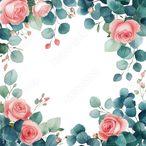 beautiful floral border featuring soft pink roses and lush green eucalyptus leaves, perfect for invitations or decorative purposes