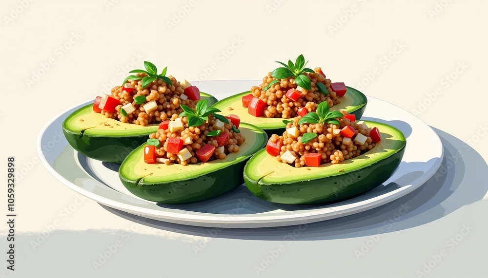Stuffed avocado halves with quinoa, vegetables, and herbs on a white plate Stuffed avocado halves with quinoa, vegetables, and herbs on a white plate