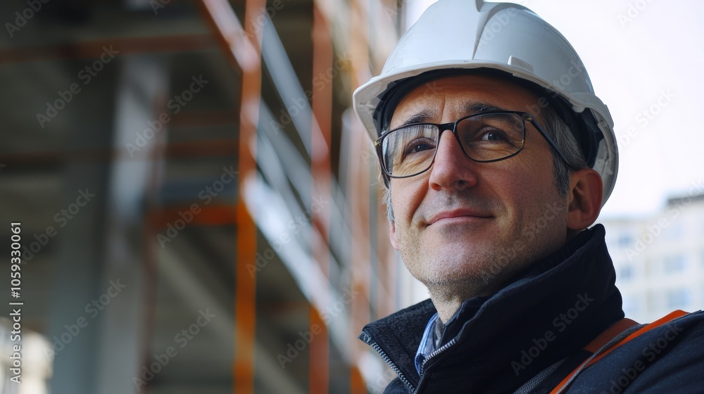 An architect inspecting a newly built structure, proud and professional expression An architect inspecting a newly built structure, proud and professional expression