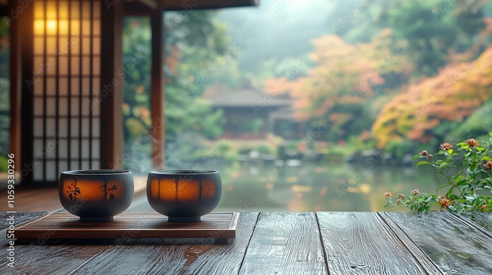 Traditional Japanese Tea Set on Wooden Table Traditional Japanese Tea Set on Wooden Table