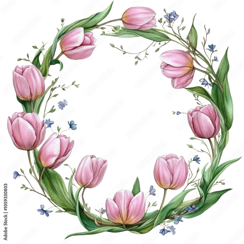 beautiful floral border featuring pink tulips and delicate blue flowers, perfect for adding touch of elegance to any design. This charming arrangement evokes feelings of spring and renewal