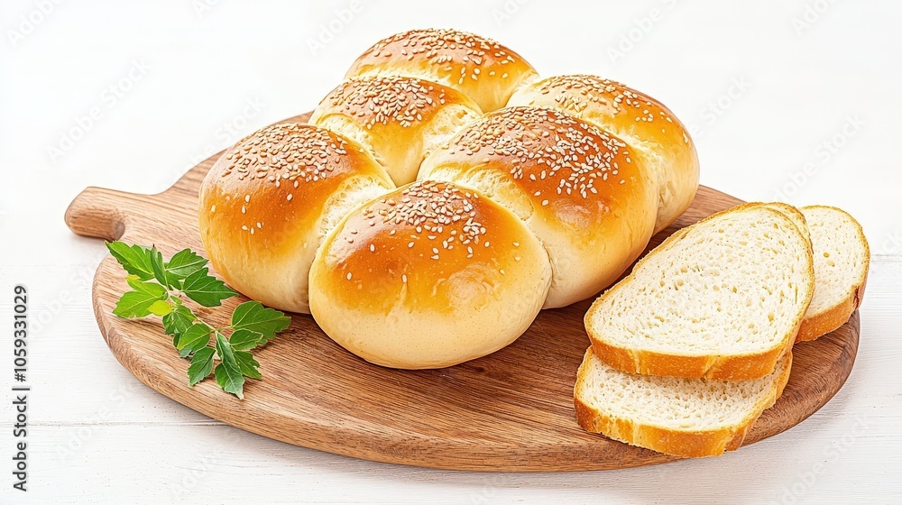 Freshly baked sesame seed buns stacked on a wooden cutting board, alongside slices of bread, creating a rustic and inviting breakfast scene. Freshly baked sesame seed buns stacked on a wooden cutting board, alongside slices of bread, creating a rustic and inviting breakfast scene.